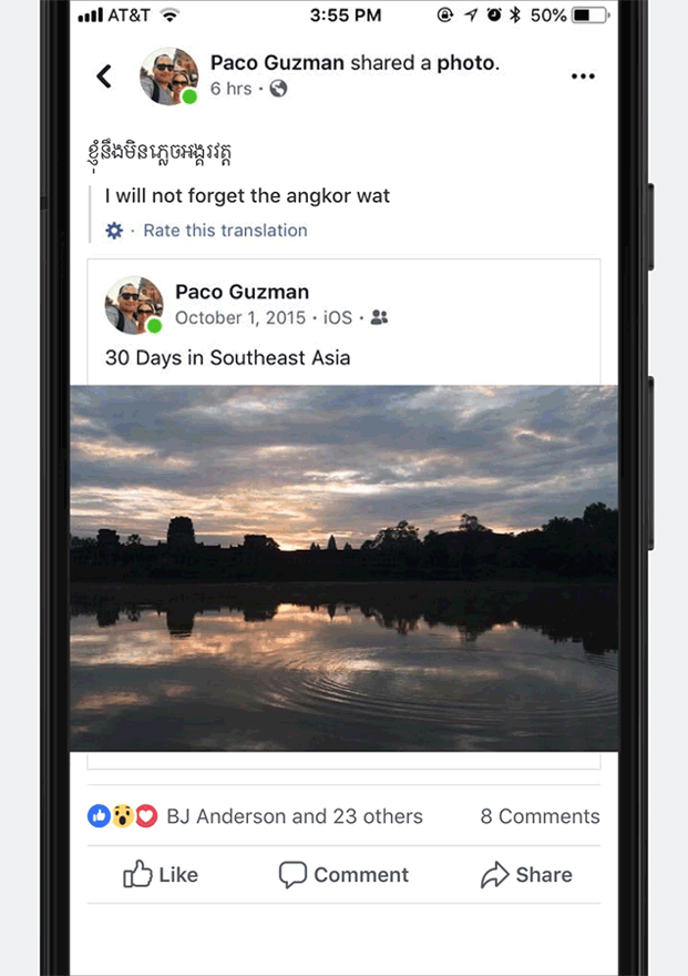 Example showing Facebook automatic translations on a post