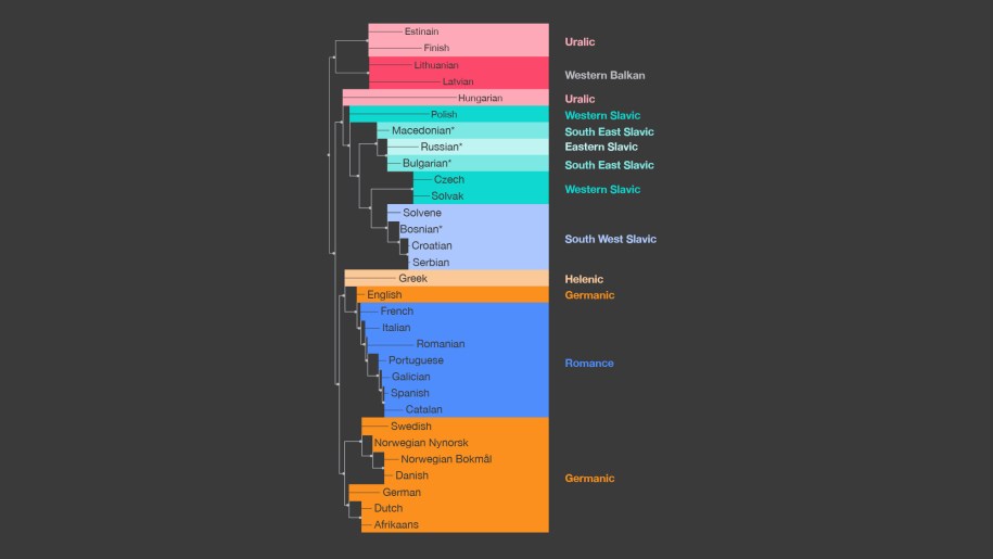 This graphic illustrates the relationships between the various languages which was automatically discovered by LASER. They correspond very well to the language families manually defined by linguists.