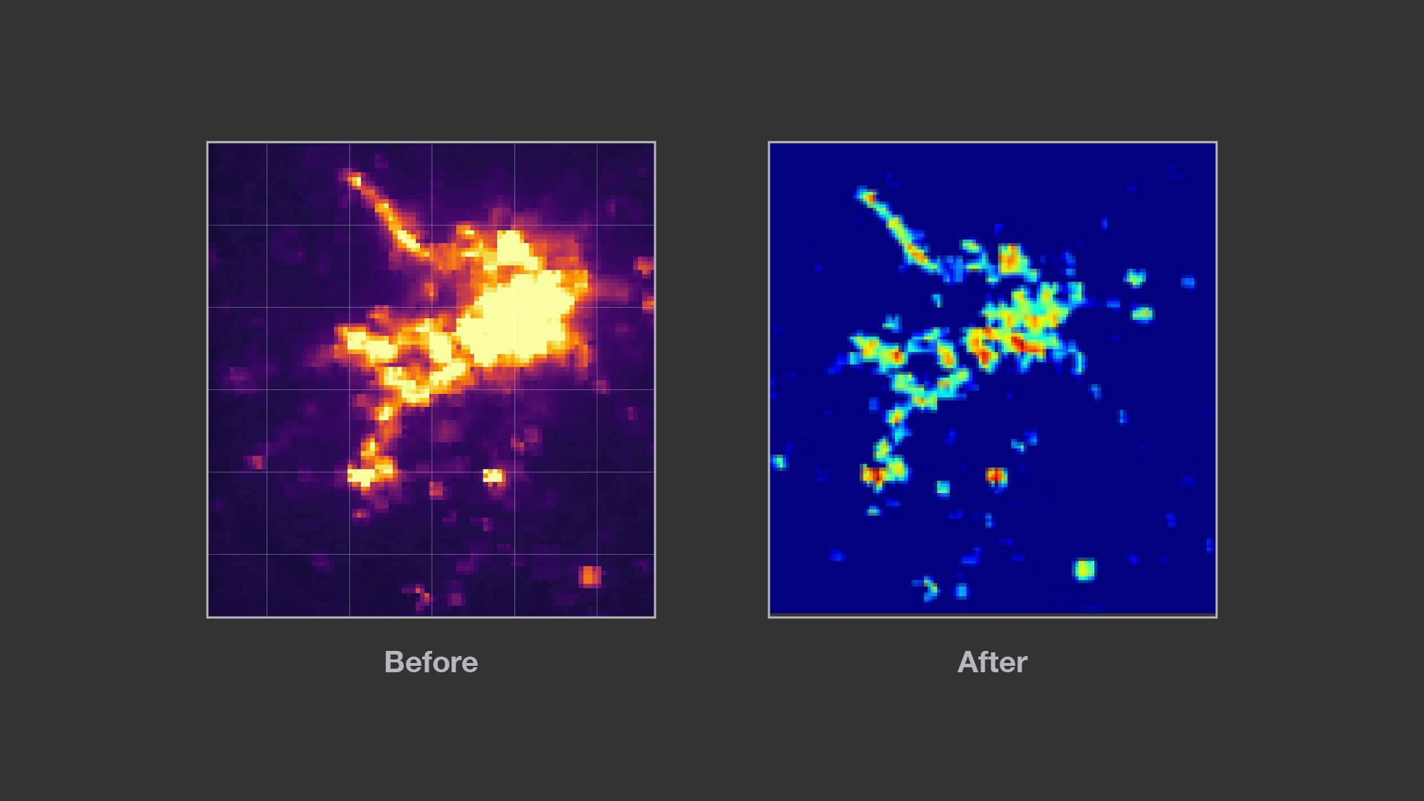 Left: Composite image before filtering for nightlights. Right: Composite image after filtering out nightlights, showing settlement level electrification