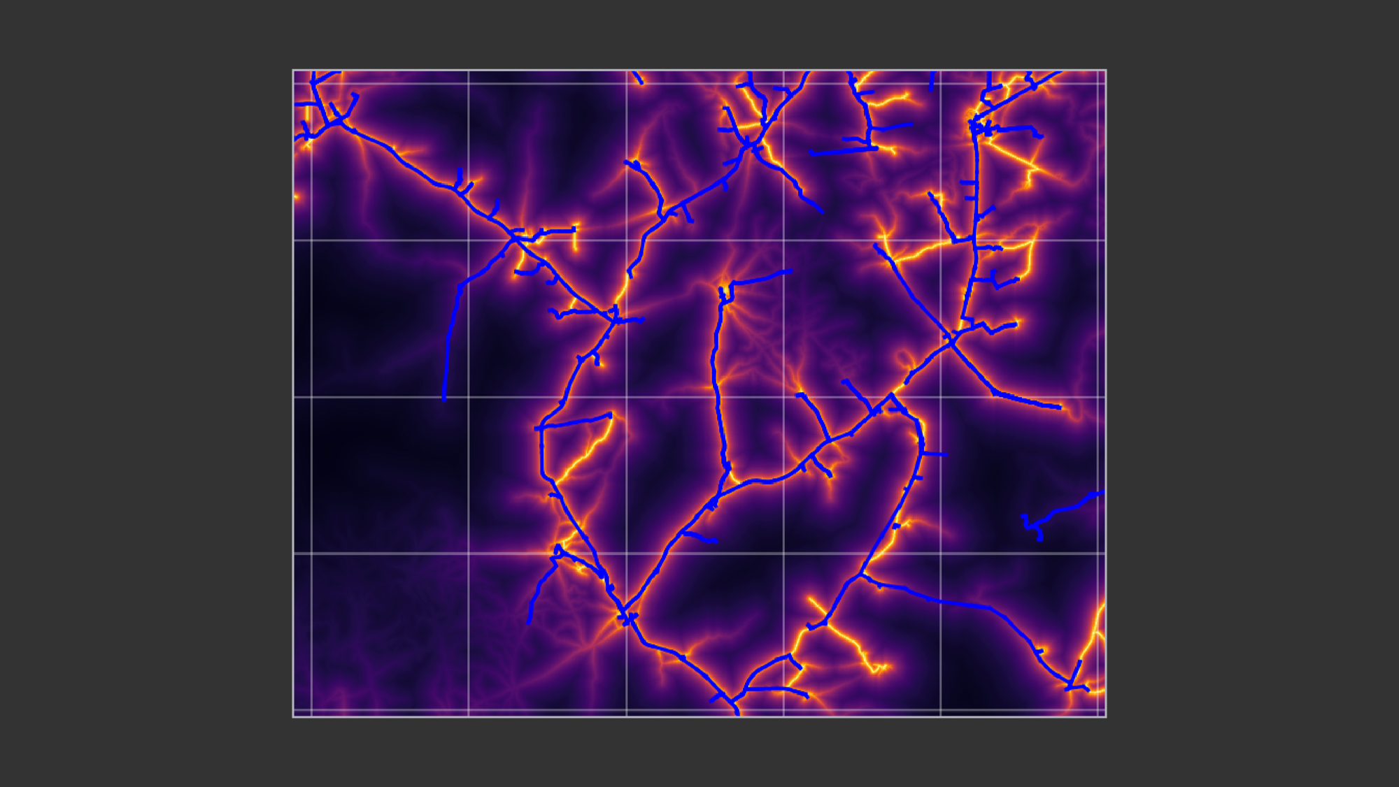 Results of the predictive model: The bright yellow lines show where the model predicted the grid lines would be; the blue lines show the ground truth data to show how accurate the model was.