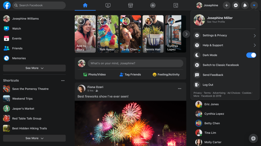 Facebook.com redesign in dark mode