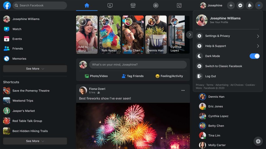 Facebook.com redesign in dark mode