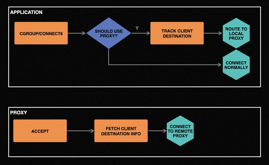 Diagram showing application and proxy logic for transparent connect.