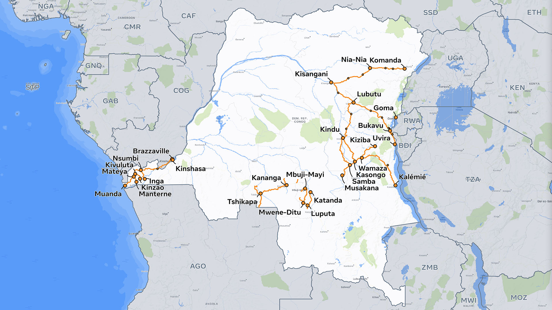 Map of DRC. The orange lines show our fiber survey routes.